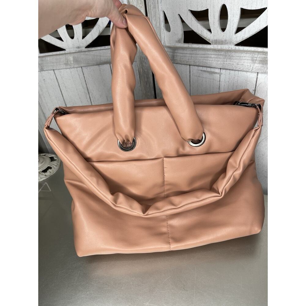 Rachel Roy Puffer Satchel Shoulder Faux Leather Bag Neutral Peach Tan Trendy